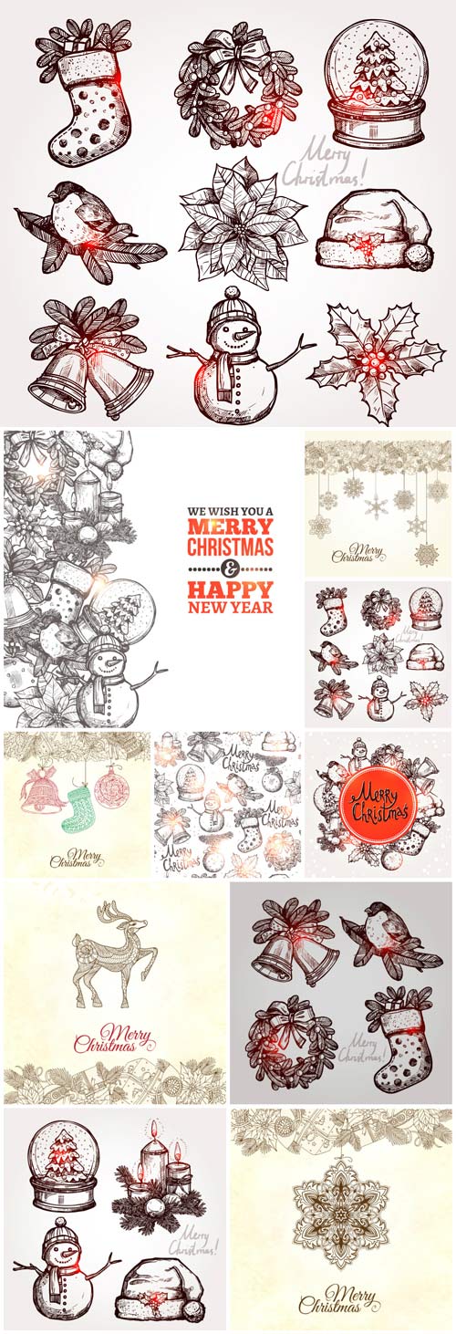Vector hand drawn decorative illustration with pattern and Merry Christmas