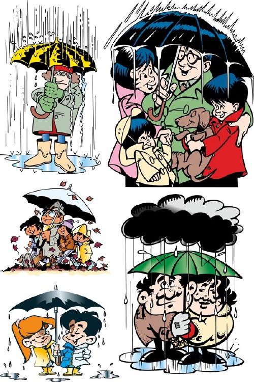 Дождь, люди под дождем (векторные отрисовки)