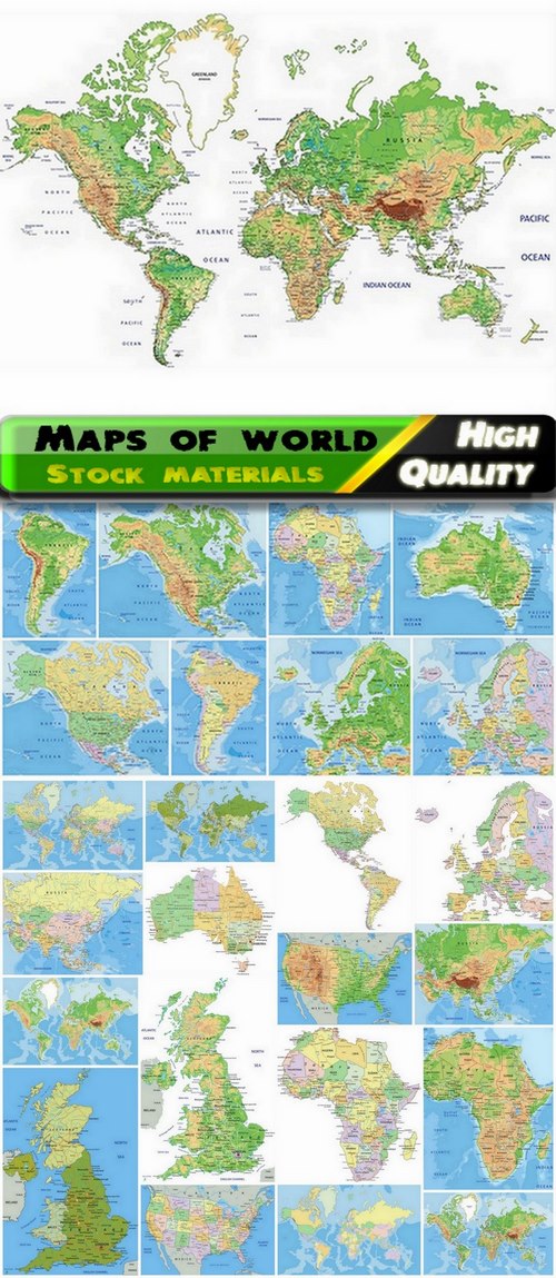 Detailed maps of world and countries with continents - 25 Eps