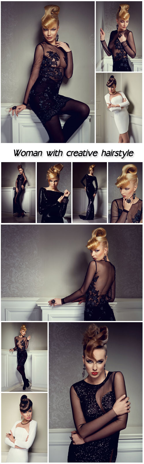 Beautiful blonde woman with creative hairstyle wearing  evening dress