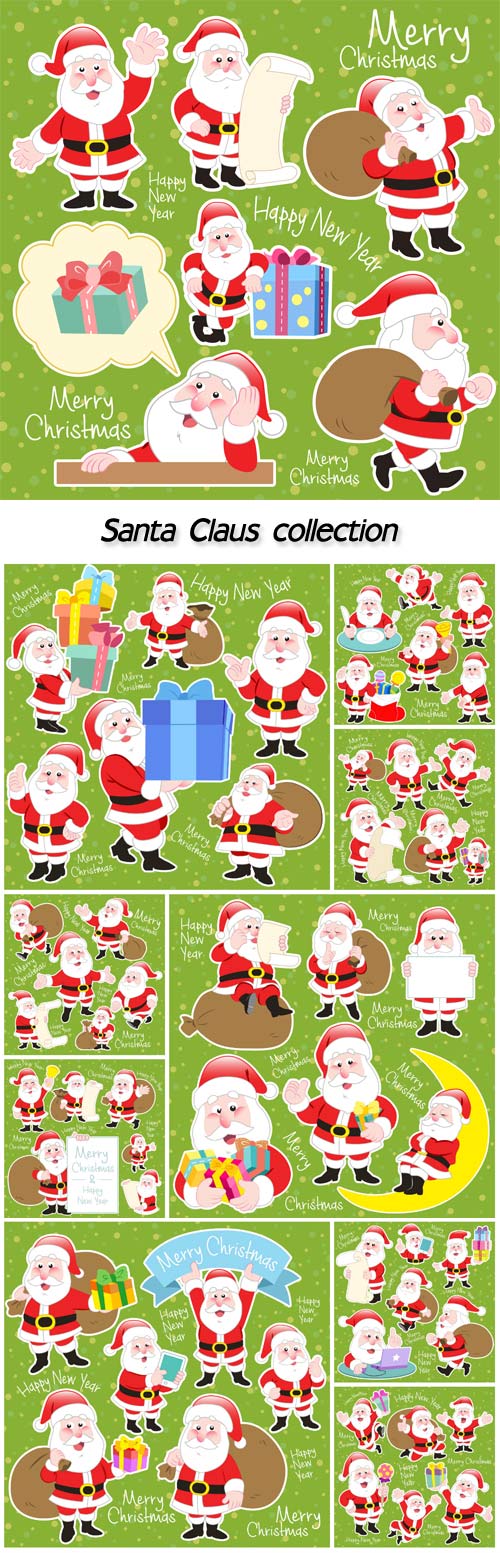 Cute cartoon Santa Claus collection on green background