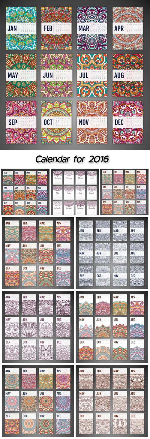 Calendar for 2016 with floral ornament