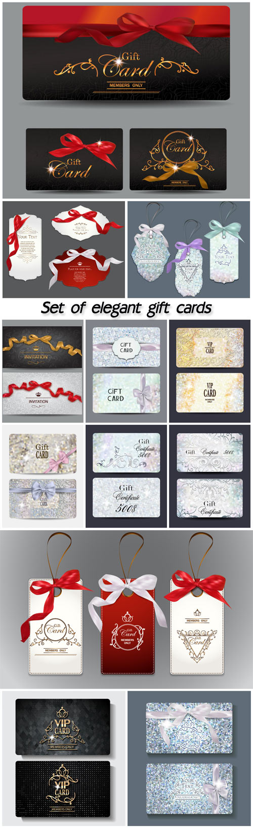 Set of elegant gift cards with gold lettering and silk ribbons
