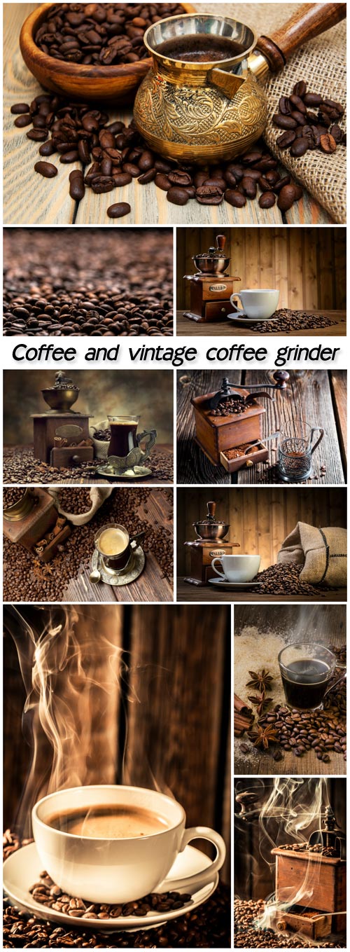 Coffee and vintage coffee grinder, coffee beans
