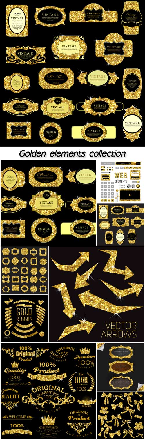 Label and frame of gold glittering stars, golden elements collection