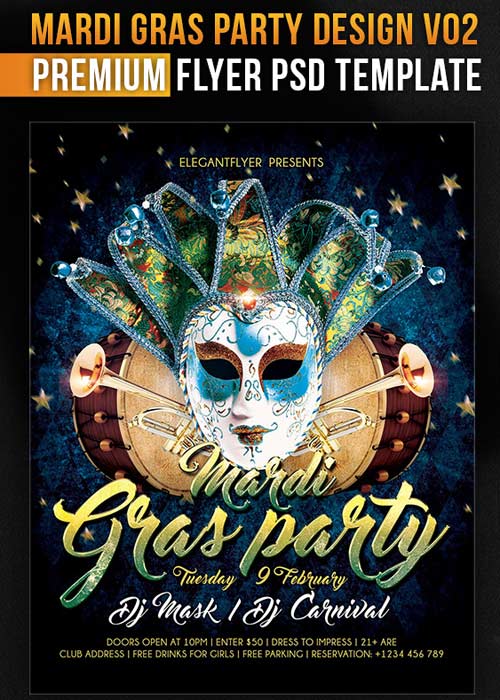Mardi Gras Party Design V02 Flyer PSD Template + Facebook Cover