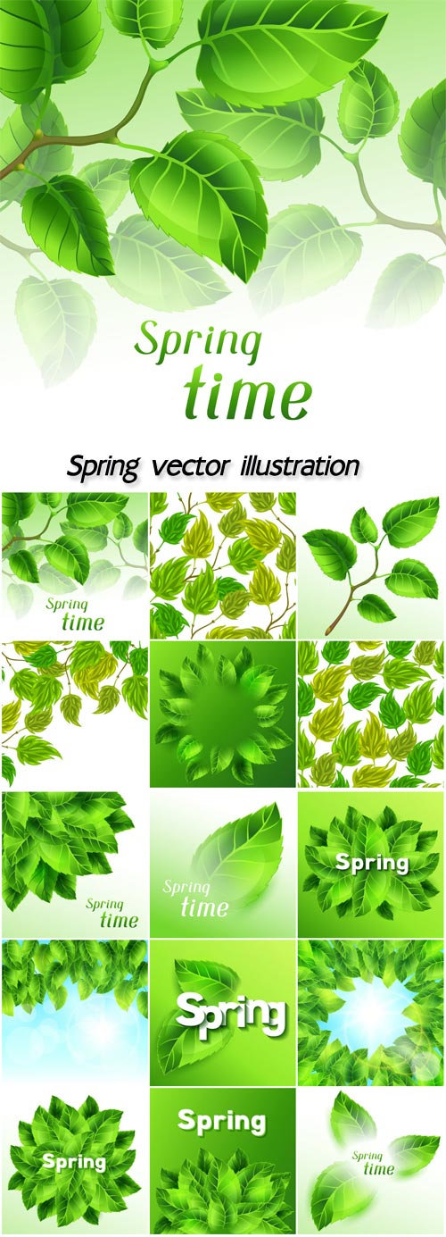 Spring illustration with bunch of green leaves