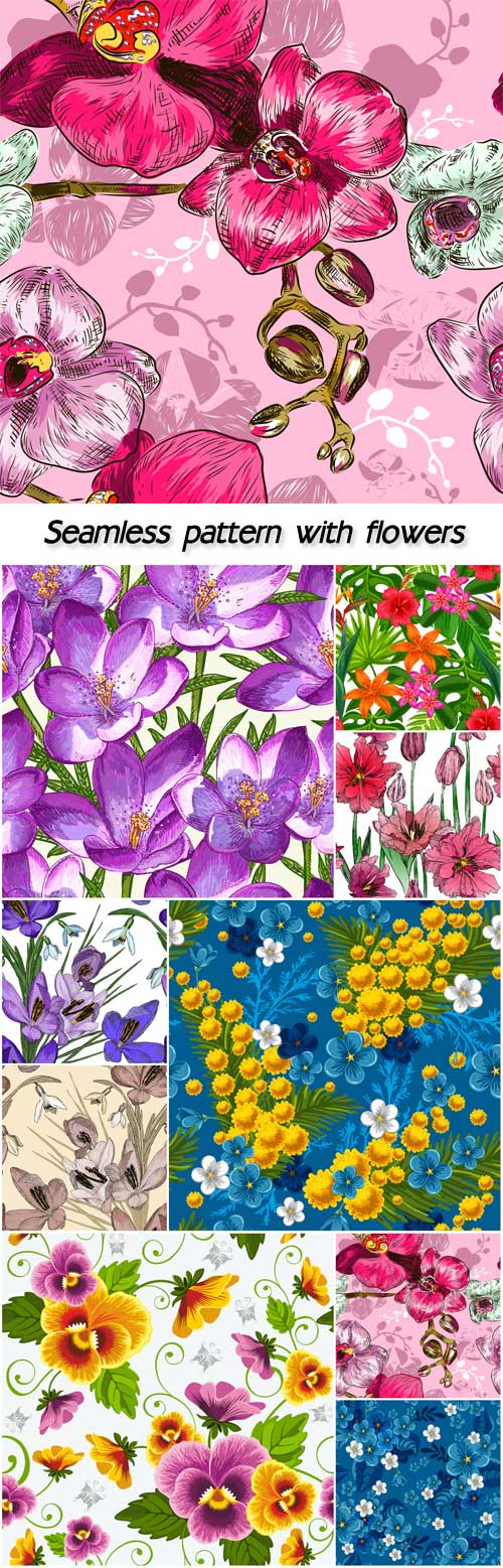 Seamless pattern with flowers, crocus, violets, forget-me, orchid