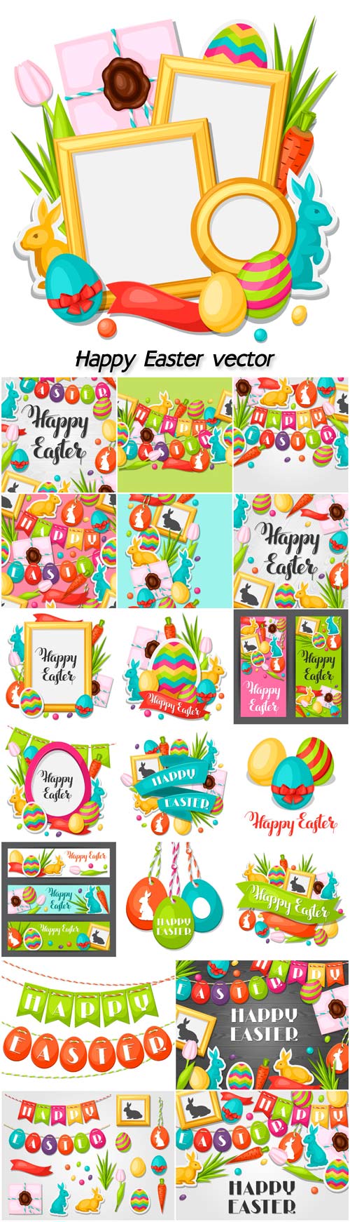 Happy Easter photo frame with decorative objects, eggs, bunnies stickers