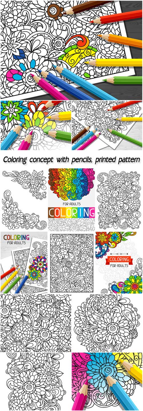 Coloring concept with pencils, printed pattern
