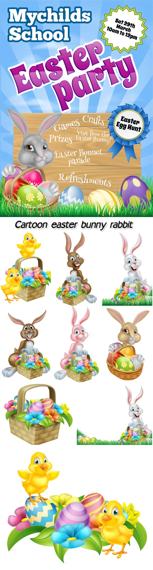 Cartoon easter bunny rabbit, chicks and easter eggs