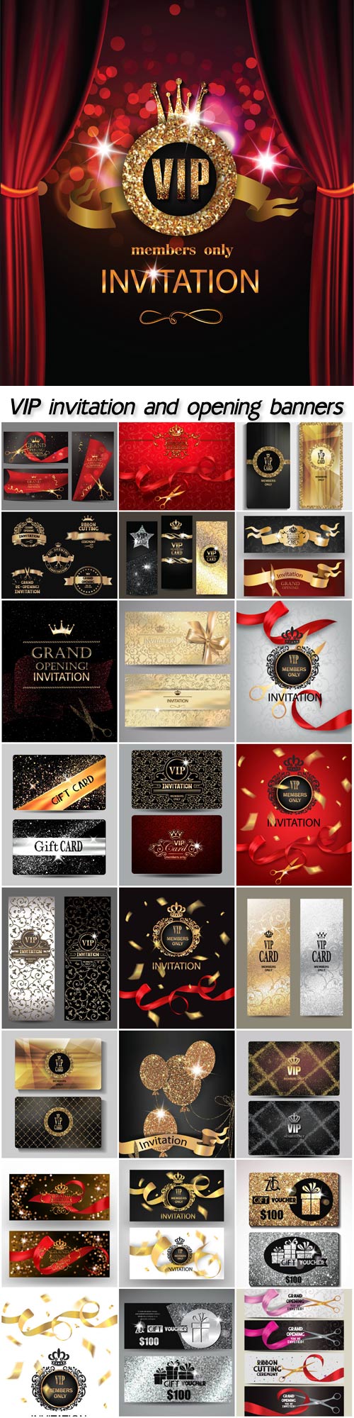 Set of grand opening banners with red ribbons and gold scissors, VIP invitation, business cards