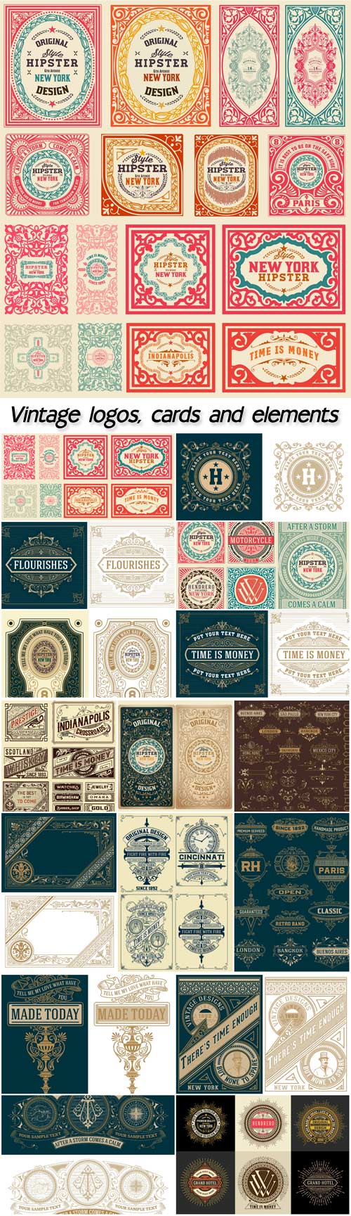Vintage logos, cards and elements, floral ornaments, vector templates