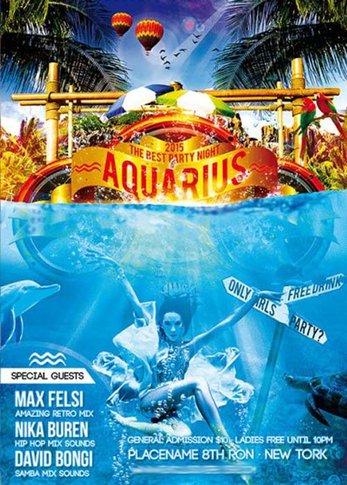 Aquarius Party Night Premium Flyer Template + Facebook Cover