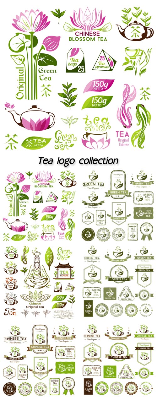 Tea logo collection, chinese green tea emblems