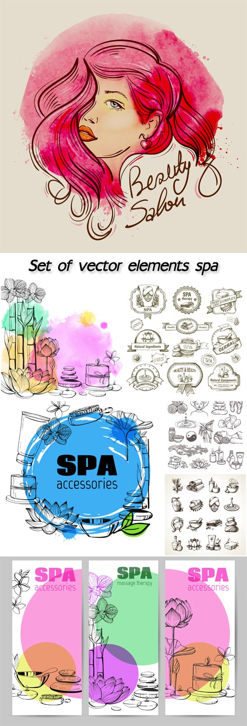 Set of vector hand drawn elements spa, natural stones, lotus