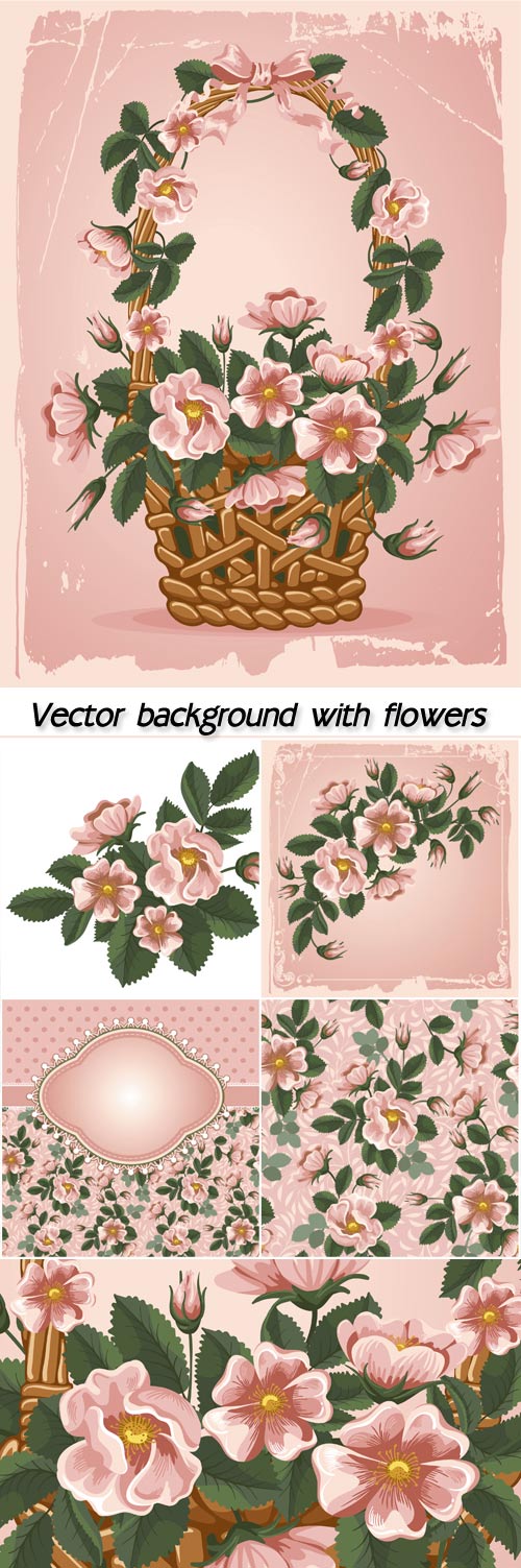 Vintage vector background with flowers of rose hips