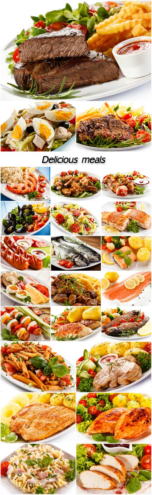 Delicious meals, meat, vegetables, seafood
