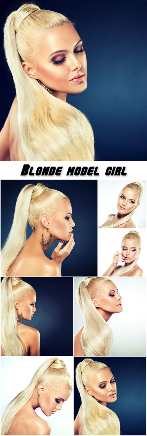 Blonde model girl with pretty smile, hairstyle long straight tail
