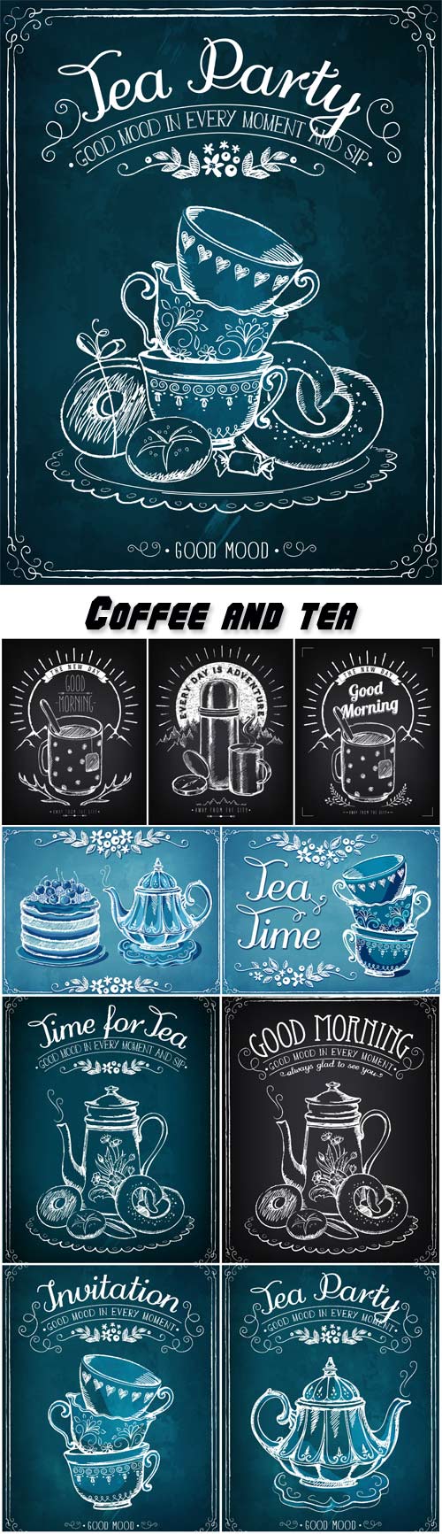 Coffee and tea, cups and teapots drawn vector