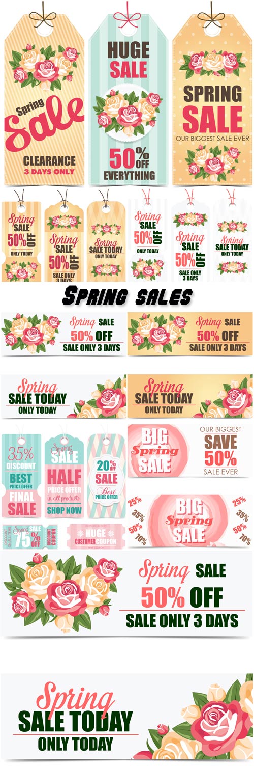 Spring sales, vector labels and banners