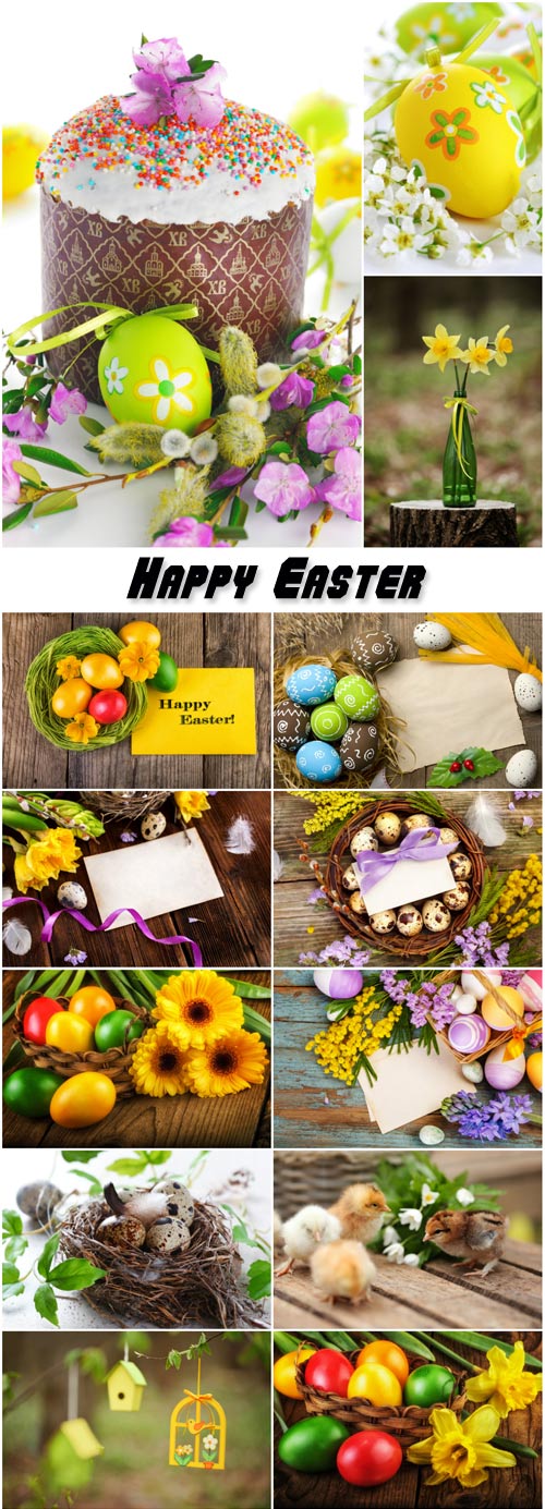 Happy Easter, easter eggs, spring flowers, greeting card and text
