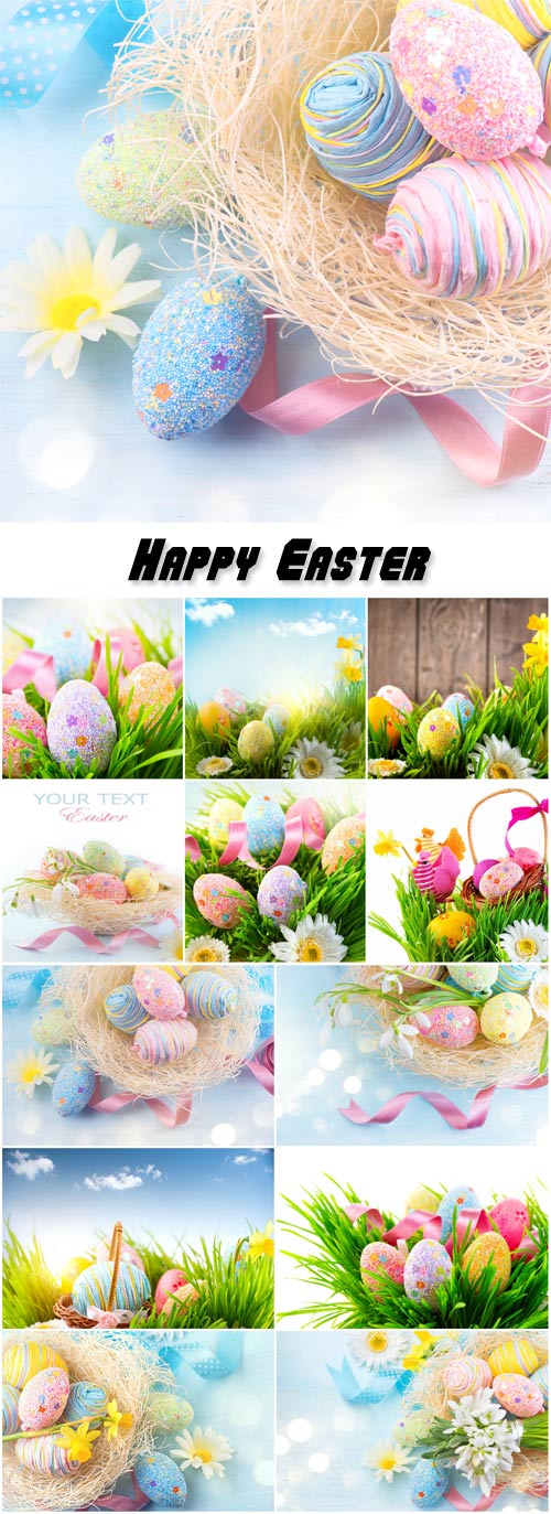 Easter background, beautiful colorful eggs in spring grass 