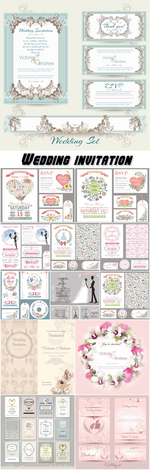 Wedding invitation cards set in vintage and retro style